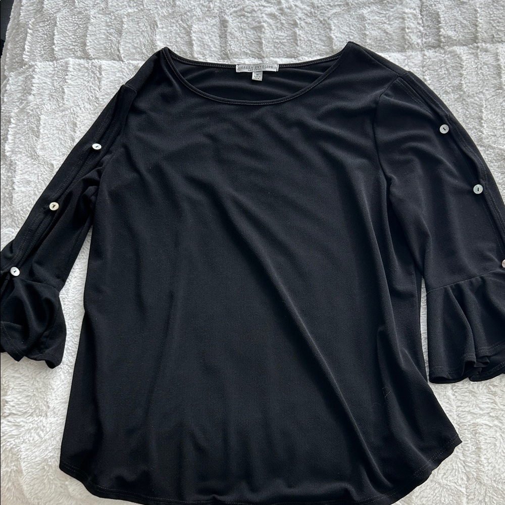 Green Envelope Black Dressy Blouse with Button Accents
